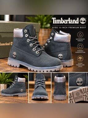 Timberland Black Suede Boots with Metallic Silver Collar Size 7